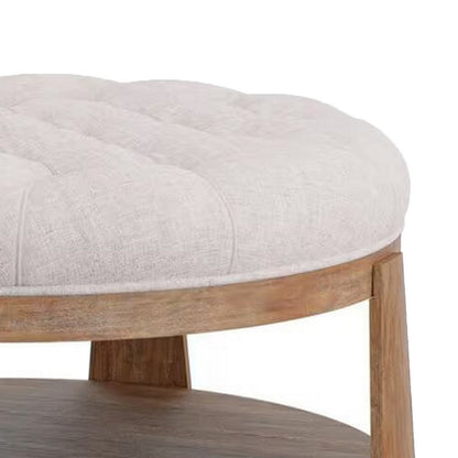 Gus 41 Inch Ottoman Coffee Table, Button Tufted Beige Fabric, Brown Wood