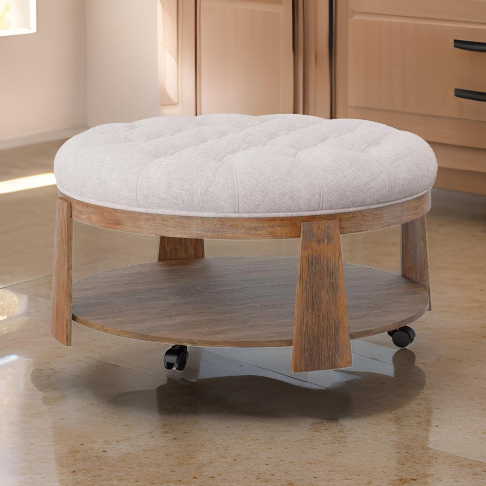 Gus 41 Inch Ottoman Coffee Table, Button Tufted Fabric, Brown Wood – Beige