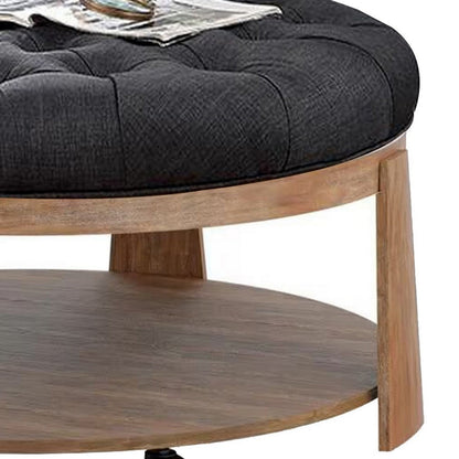 Gus 41 Inch Ottoman Coffee Table, Button Tufted Gray Fabric, Brown Wood