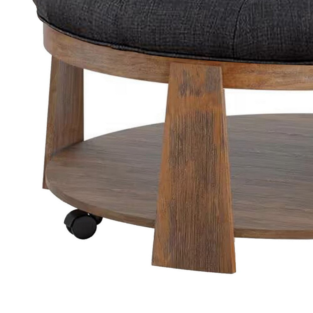 Gus 41 Inch Ottoman Coffee Table, Button Tufted Gray Fabric, Brown Wood