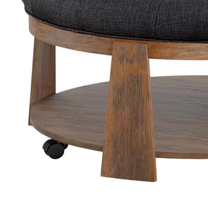 Gus 41 Inch Ottoman Coffee Table, Button Tufted Gray Fabric, Brown Wood