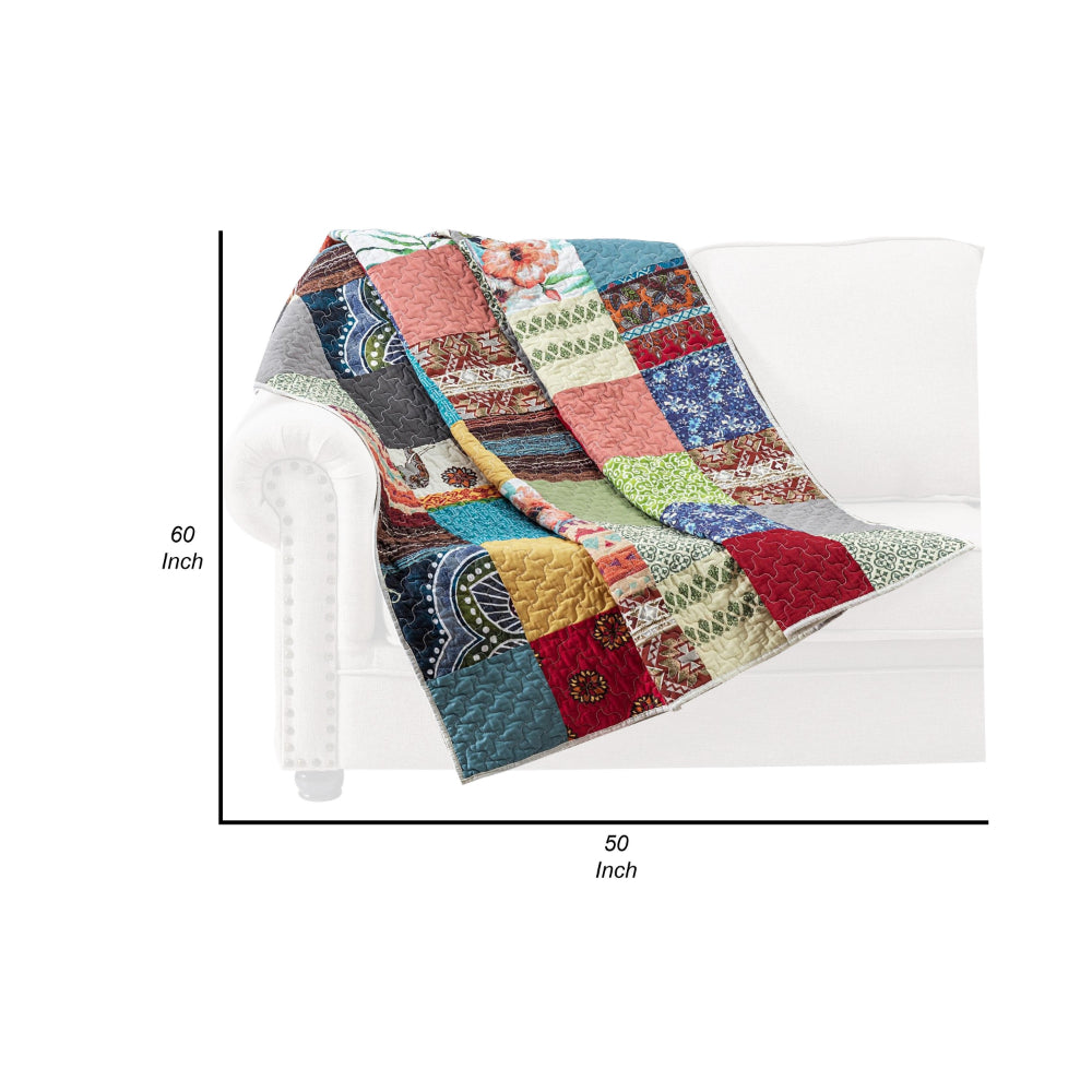 Lily 50 x 60 Inch Quilted Patchwork Throw Blanket, Multicolor Cotton Strips