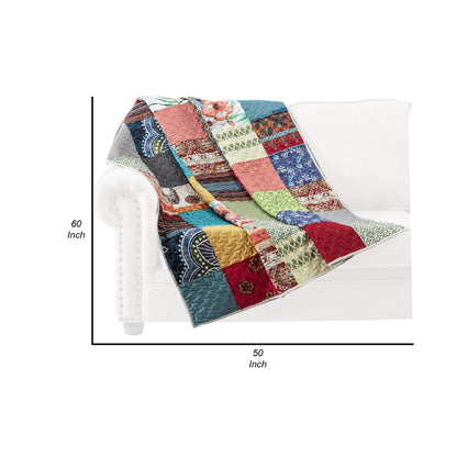 Lily 50 x 60 Inch Quilted Patchwork Throw Blanket, Multicolor Cotton Strips