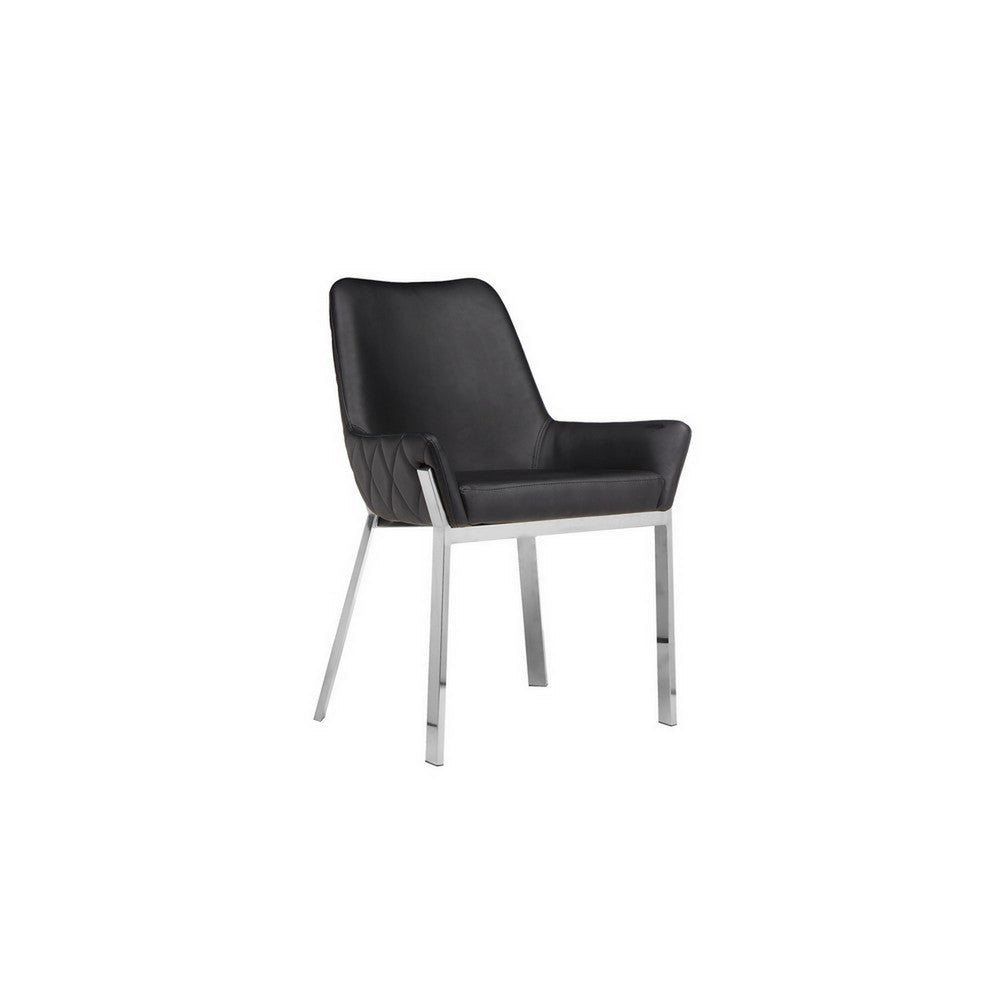 Fuma 23 Inch Set of 2 Dining Chairs, Foam Fill, Black Faux Leather, Silver