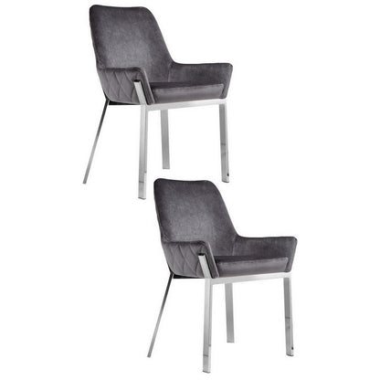 Fuma 23 Inch Set of 2 Dining Chairs, Foam Fill, Modern Gray Velvet, Silver