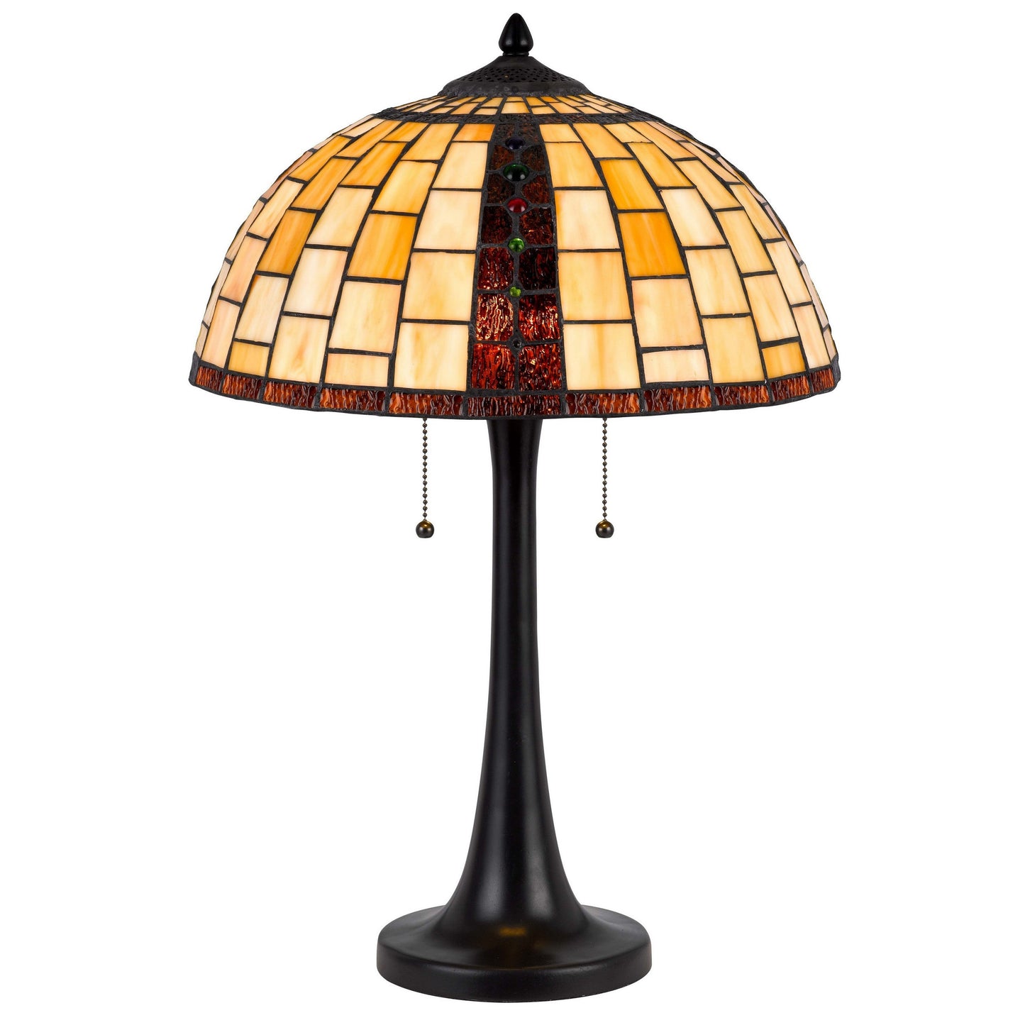 24 Inch Table Lamp, Tiffany Style Stained Glass, Pull Chain, Black Resin