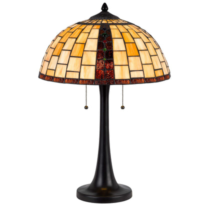 24 Inch Table Lamp, Tiffany Style Stained Glass, Pull Chain, Black Resin