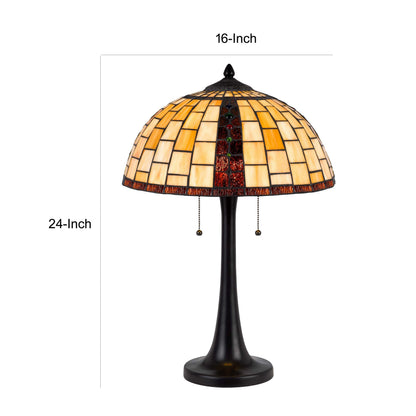 24 Inch Table Lamp, Tiffany Style Stained Glass, Pull Chain, Black Resin