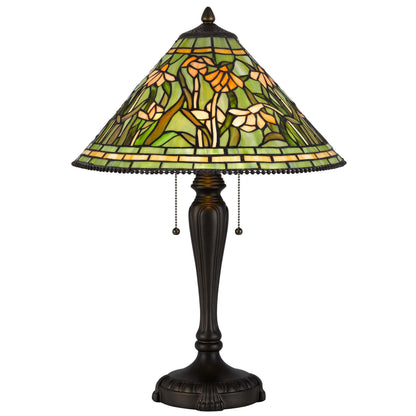 24 Inch Table Lamp, Floral Tiffany Style Stained Glass, Bronze Resin
