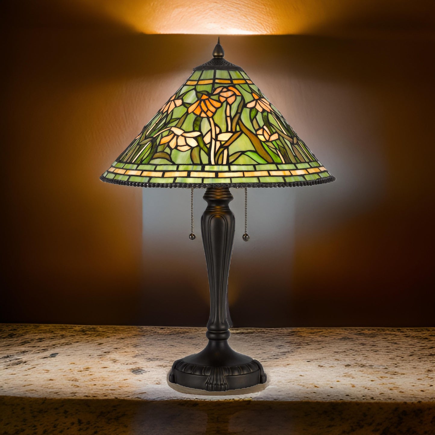 24 Inch Table Lamp, Floral Tiffany Style Stained Glass, Bronze Resin