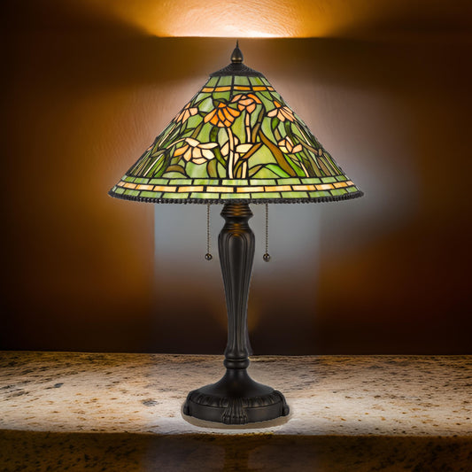 24 Inch Table Lamp, Floral Tiffany Style Stained Glass, Bronze Resin