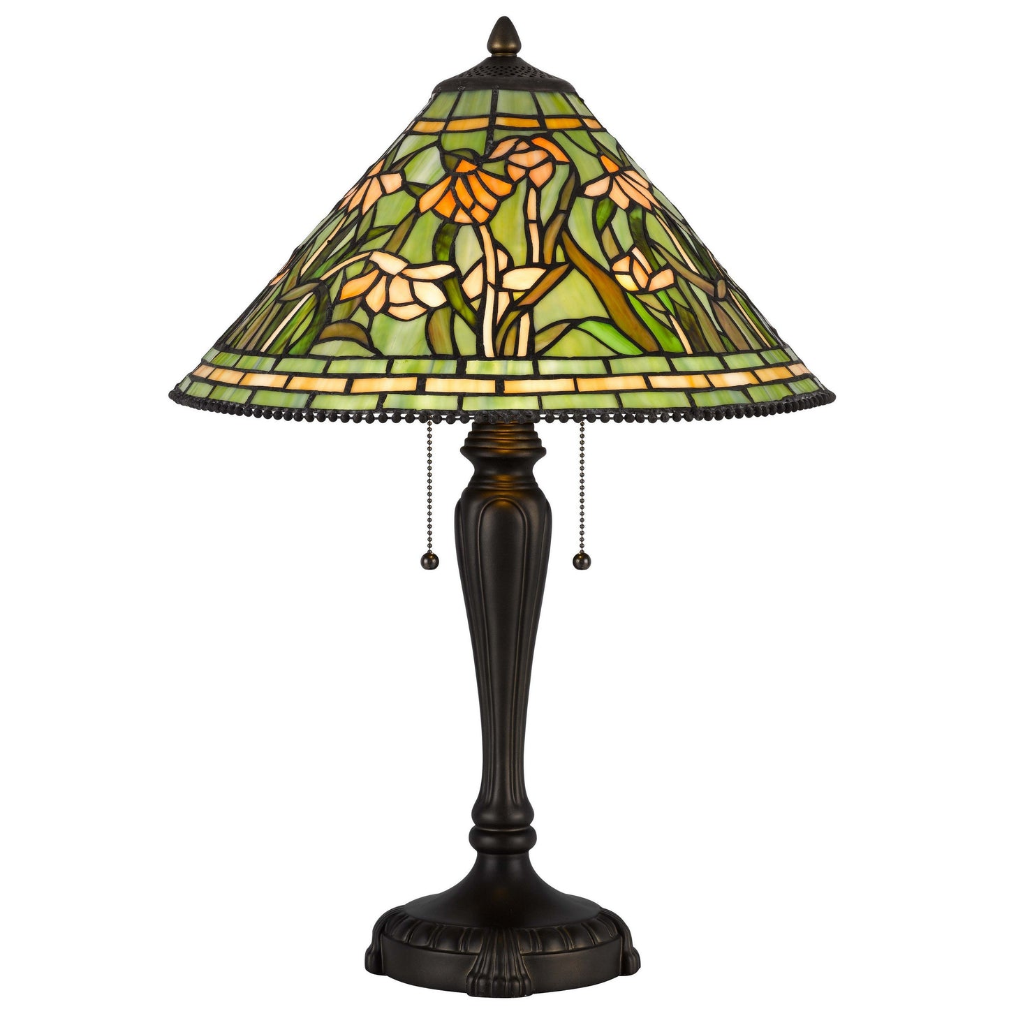 24 Inch Table Lamp, Floral Tiffany Style Stained Glass, Bronze Resin