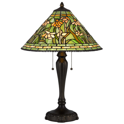 24 Inch Table Lamp, Floral Tiffany Style Stained Glass, Bronze Resin