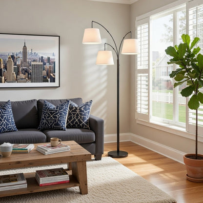 84 Inch Floor Lamp, 3 Tree Style White Drum Shades, Black Metal Finish