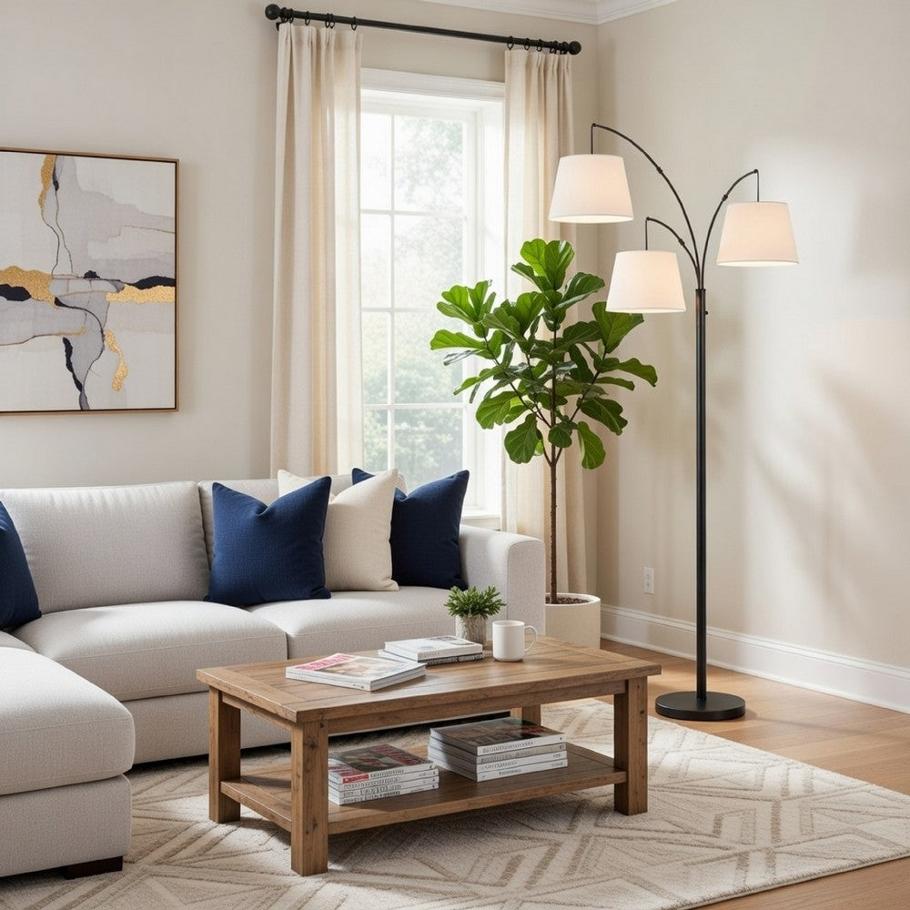 84 Inch Floor Lamp, 3 Tree Style White Drum Shades, Black Metal Finish