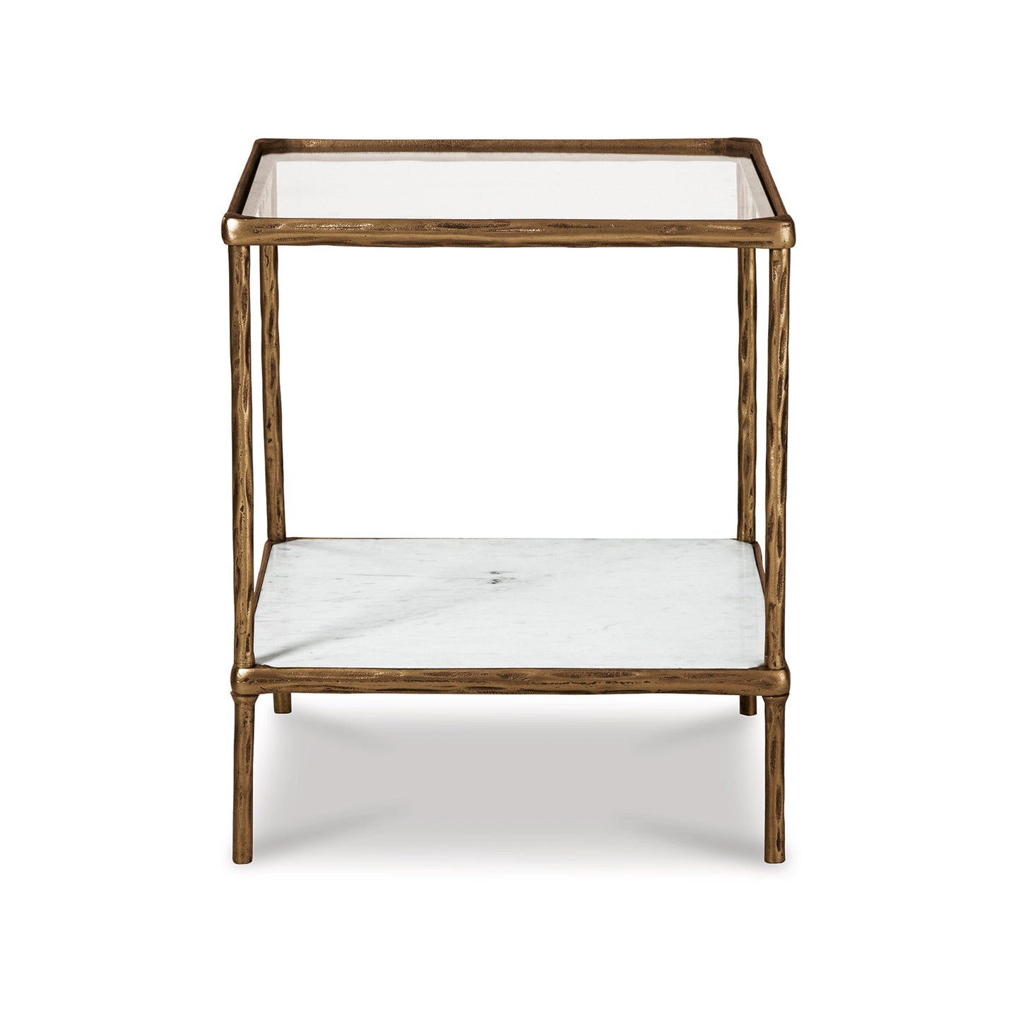 Dalie 25 Inch Accent Table, Square Glass Tabletop, Marble, Antique Gold
