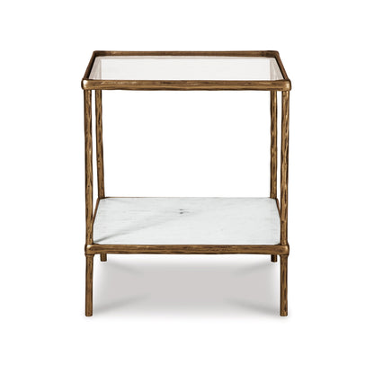 Dalie 25 Inch Accent Table, Square Glass Tabletop, Marble, Antique Gold