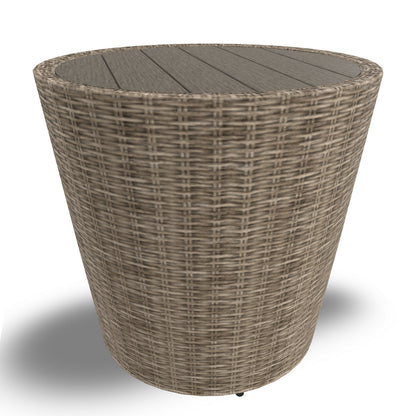 22 Inch Outdoor End Table, Round Shape, Handwoven Resin Wicker, Beige Brown