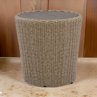 22 Inch Outdoor End Table, Round Shape, Handwoven Resin Wicker, Beige Brown