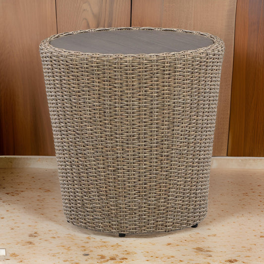 22 Inch Outdoor End Table, Round Shape, Handwoven Resin Wicker, Beige Brown