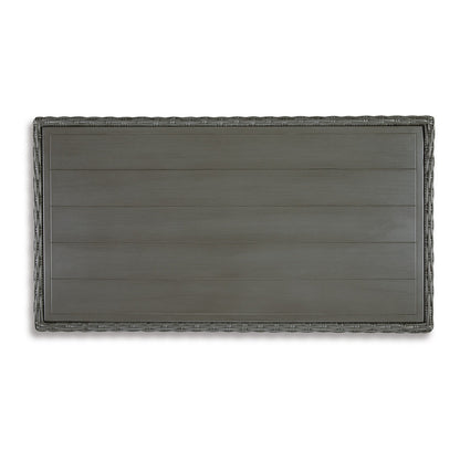 Ellie 50 Inch Outdoor Coffee Table, Lower Shelf, Gray Resin Wicker, Metal