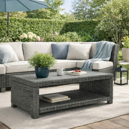 Ellie 50 Inch Outdoor Coffee Table, Lower Shelf, Gray Resin Wicker, Metal