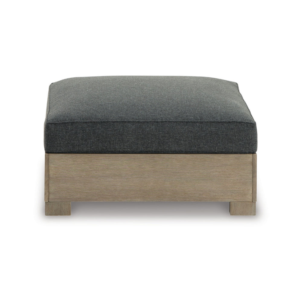 34 Inch Outdoor Ottoman with Cushion, Charcoal Gray Fabric, Brown Wood