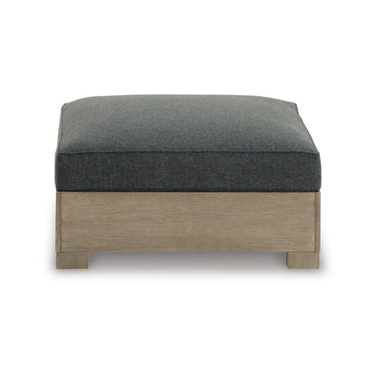 34 Inch Outdoor Ottoman with Cushion, Charcoal Gray Fabric, Brown Wood