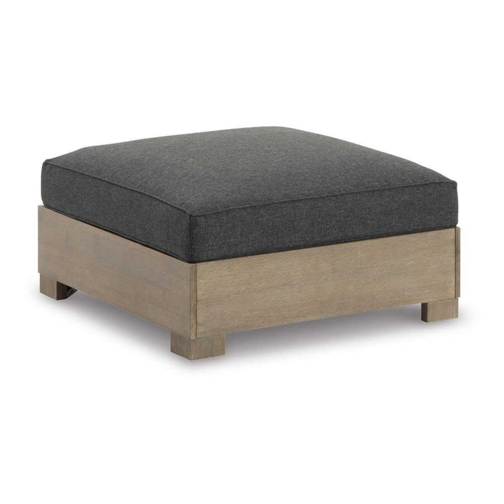 34 Inch Outdoor Ottoman with Cushion, Charcoal Gray Fabric, Brown Wood