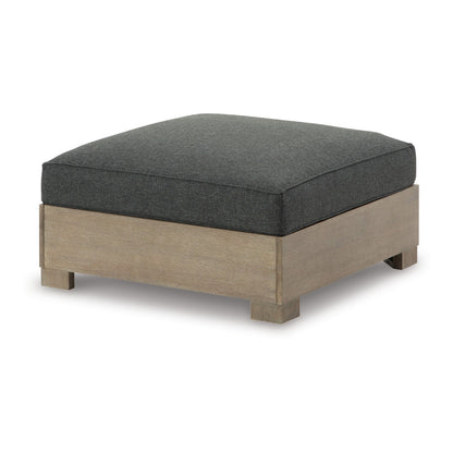 34 Inch Outdoor Ottoman with Cushion, Charcoal Gray Fabric, Brown Wood