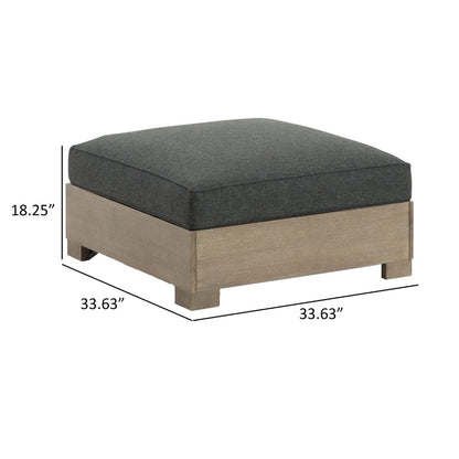 34 Inch Outdoor Ottoman with Cushion, Charcoal Gray Fabric, Brown Wood