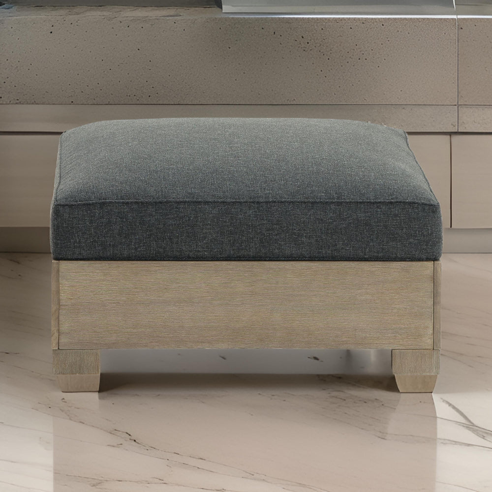 34 Inch Outdoor Ottoman with Cushion, Charcoal Gray Fabric, Brown Wood