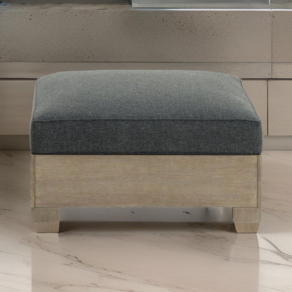 34 Inch Outdoor Ottoman with Cushion, Charcoal Gray Fabric, Brown Wood
