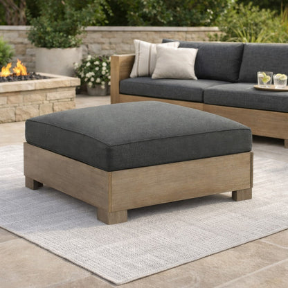 34 Inch Outdoor Ottoman with Cushion, Charcoal Gray Fabric, Brown Wood