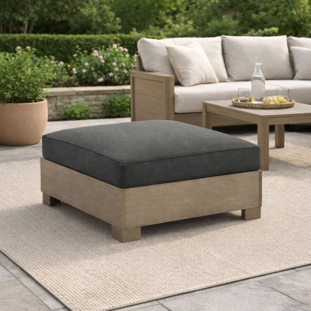 34 Inch Outdoor Ottoman with Cushion, Charcoal Gray Fabric, Brown Wood