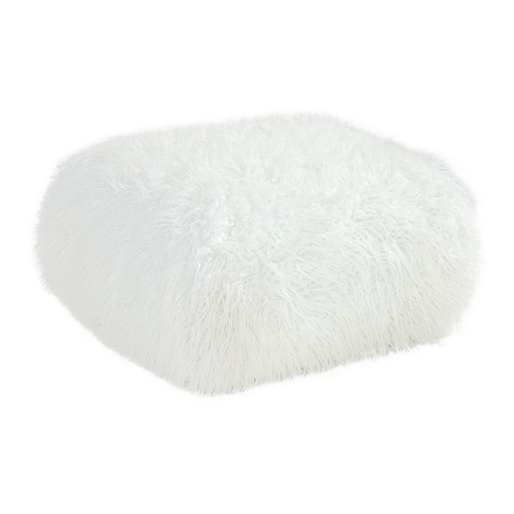 Ammy 27 Inch Square Ottoman, Foam, Modern Soft White Faux Fur Upholstery