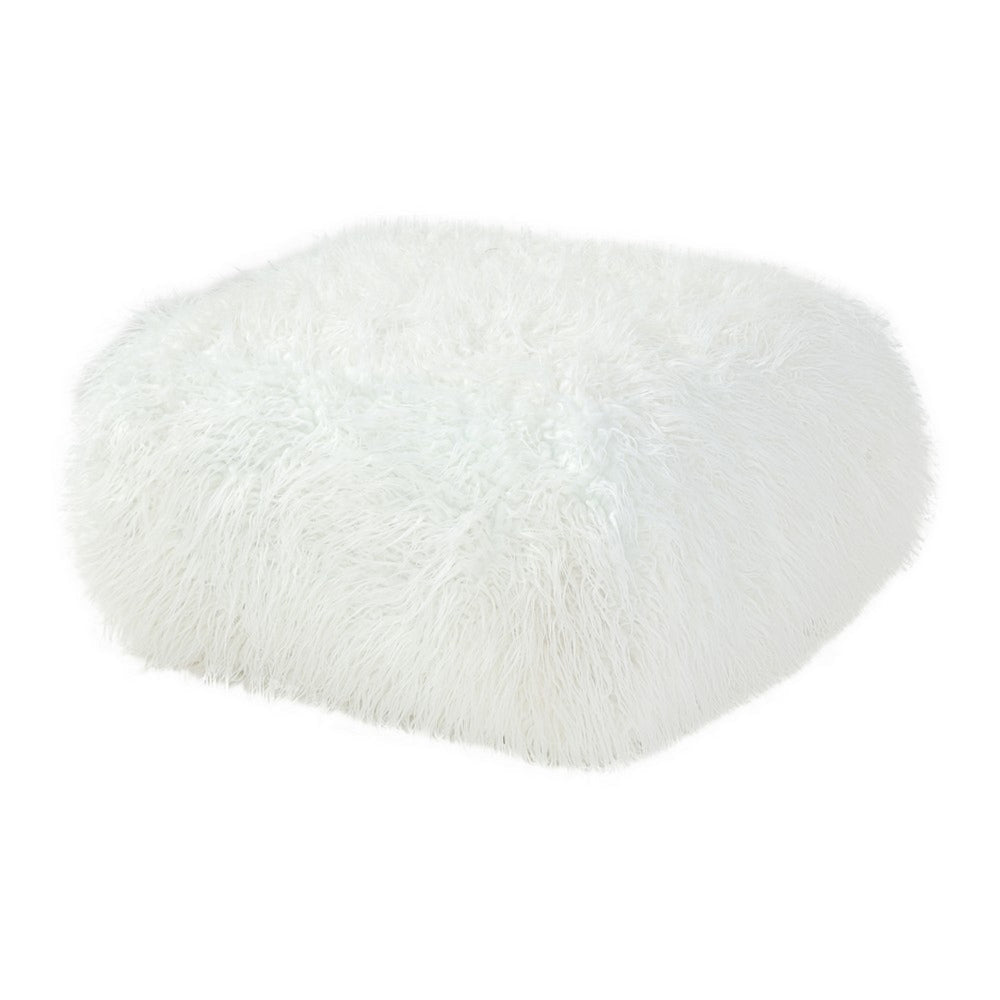 Ammy 27 Inch Square Ottoman, Foam, Modern Soft White Faux Fur Upholstery