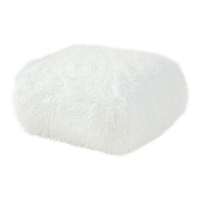 Ammy 27 Inch Square Ottoman, Foam, Modern Soft White Faux Fur Upholstery