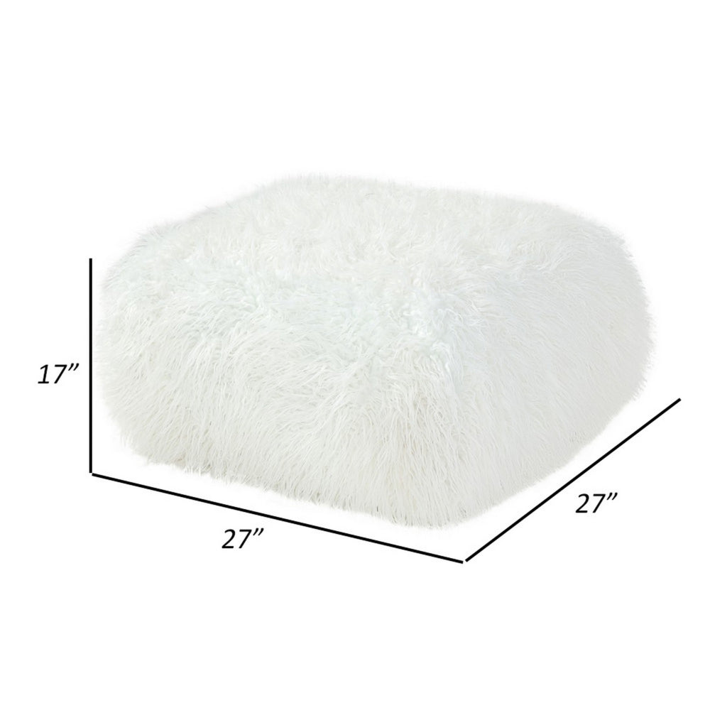 Ammy 27 Inch Square Ottoman, Foam, Modern Soft White Faux Fur Upholstery