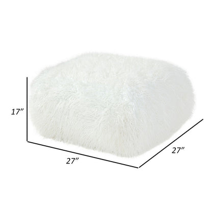 Ammy 27 Inch Square Ottoman, Foam, Modern Soft White Faux Fur Upholstery