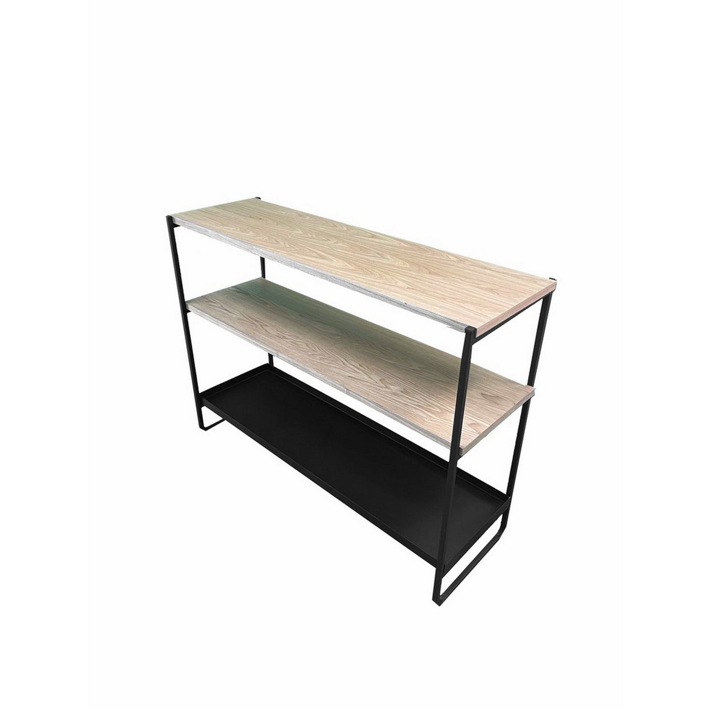 Evon 40 Inch Shelving Unit, Natural Brown Wood Top, 3 Shelves, Black Metal