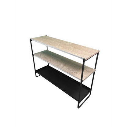 Evon 40 Inch Shelving Unit, Natural Brown Wood Top, 3 Shelves, Black Metal