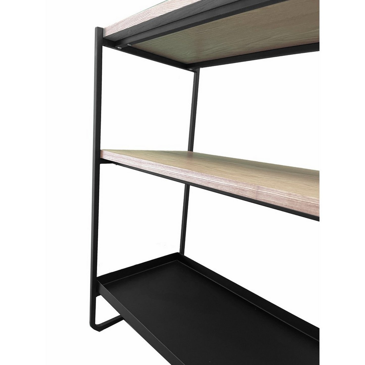 Evon 40 Inch Shelving Unit, Natural Brown Wood Top, 3 Shelves, Black Metal