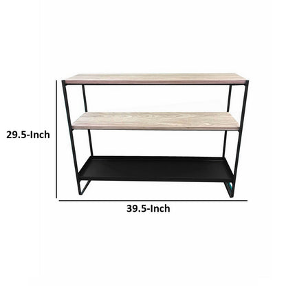 Evon 40 Inch Shelving Unit, Natural Brown Wood Top, 3 Shelves, Black Metal