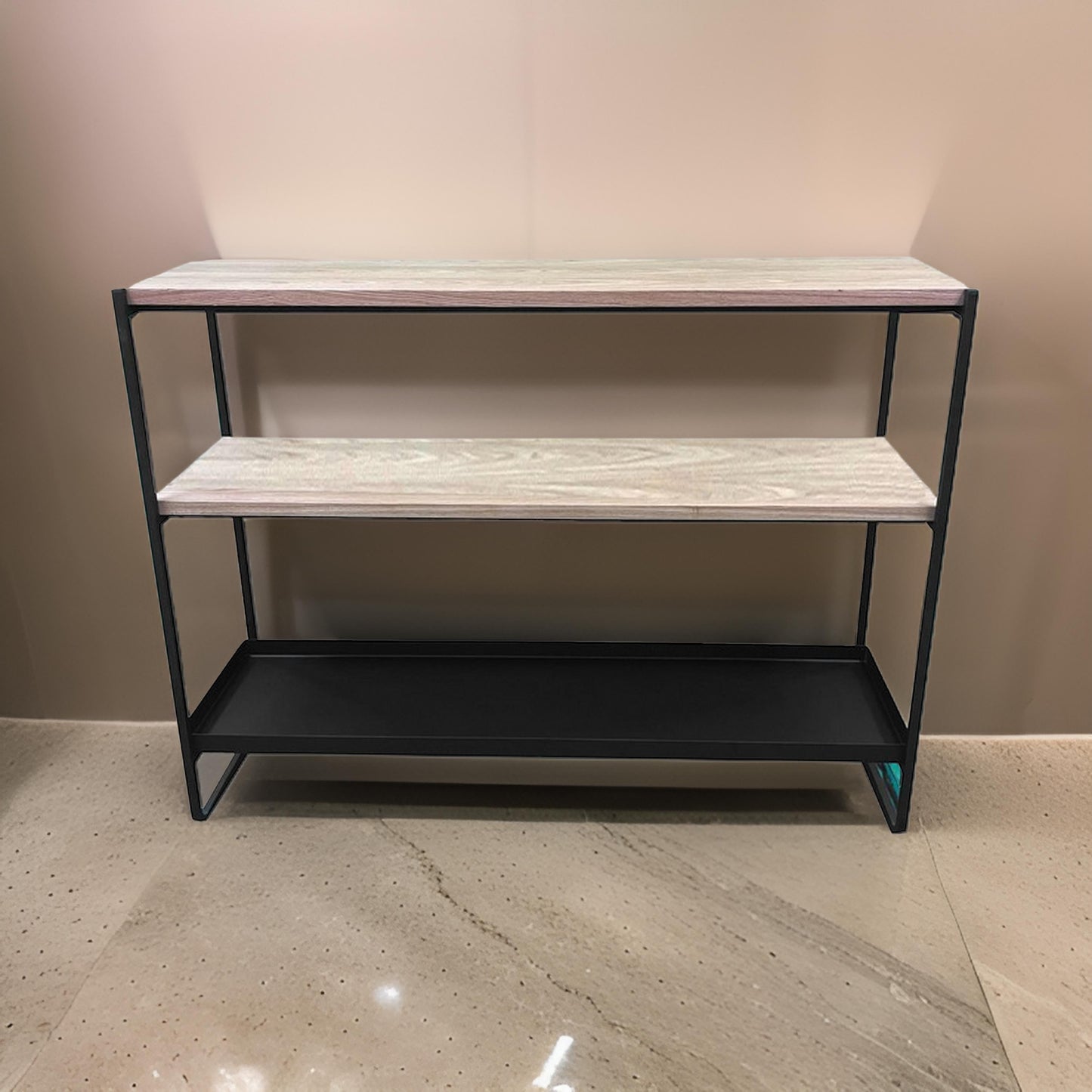 Evon 40 Inch Shelving Unit, Natural Brown Wood Top, 3 Shelves, Black Metal