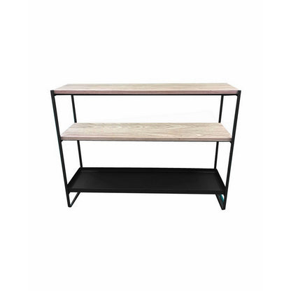 Evon 40 Inch Shelving Unit, Natural Brown Wood Top, 3 Shelves, Black Metal