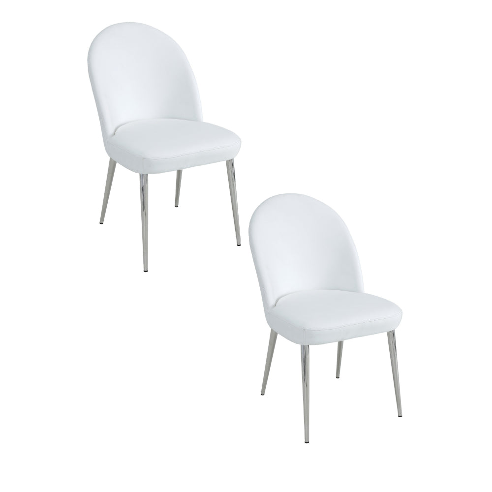 Era 24 Inch Set of 2 Dining Chairs, Curved Back, White Faux Leather, Chrome