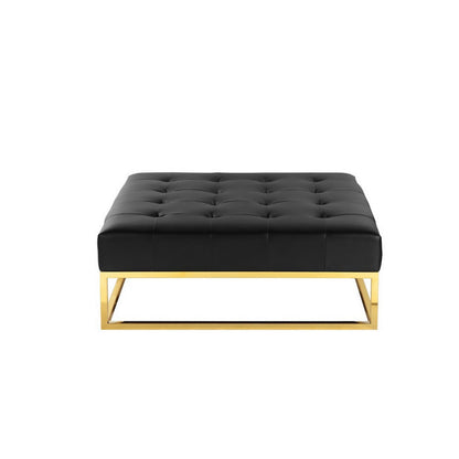 Ipp 40 Inch Ottoman, Button Tufted, Black Faux Leather, Square Padded, Gold