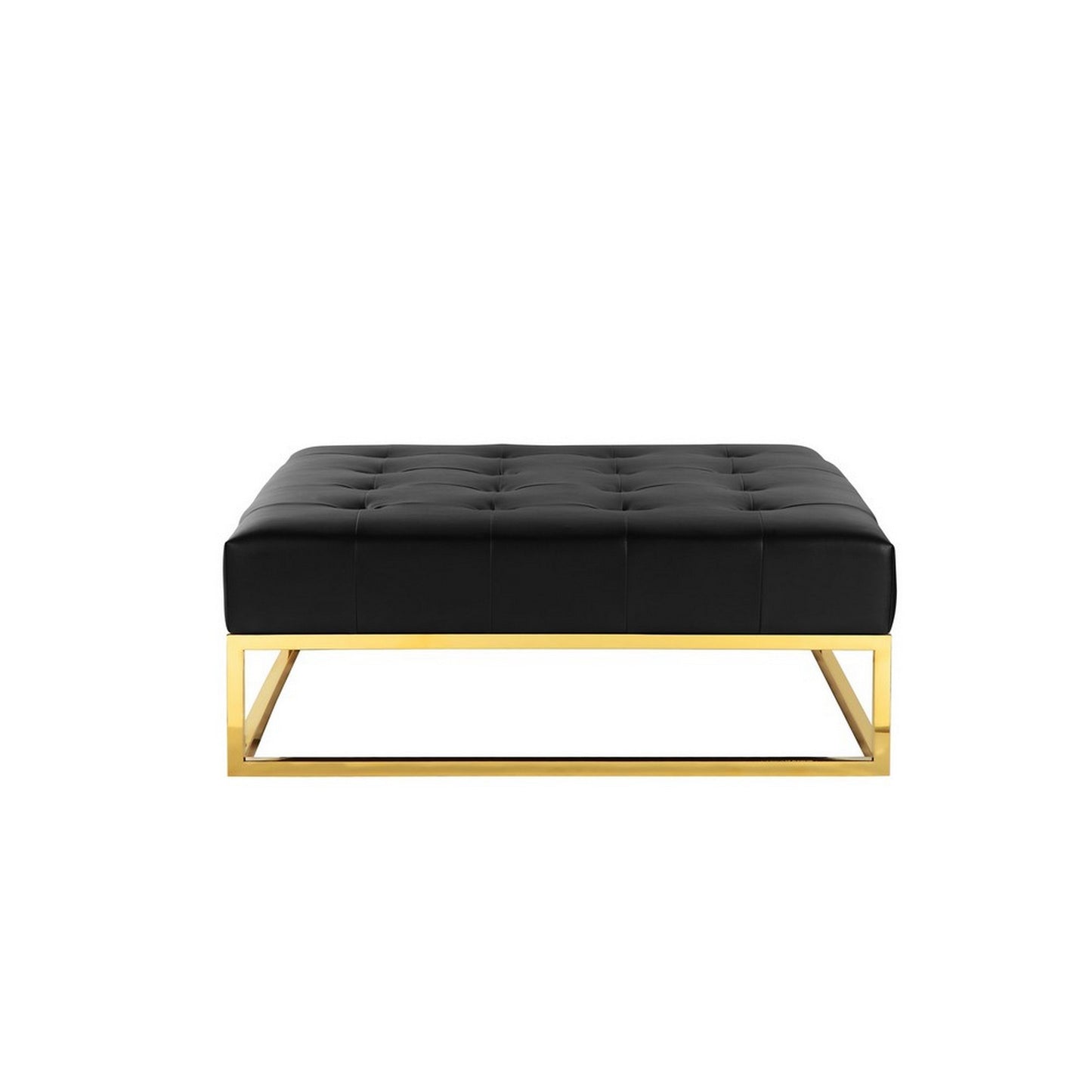 Ipp 40 Inch Ottoman, Button Tufted, Black Faux Leather, Square Padded, Gold