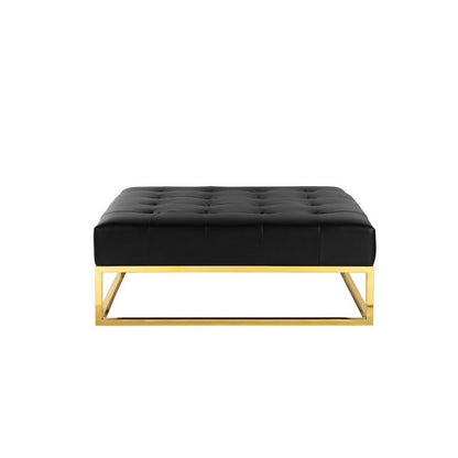 Ipp 40 Inch Ottoman, Button Tufted, Black Faux Leather, Square Padded, Gold